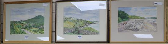 Three M.House watercolour landscapes 24 x 37cm.